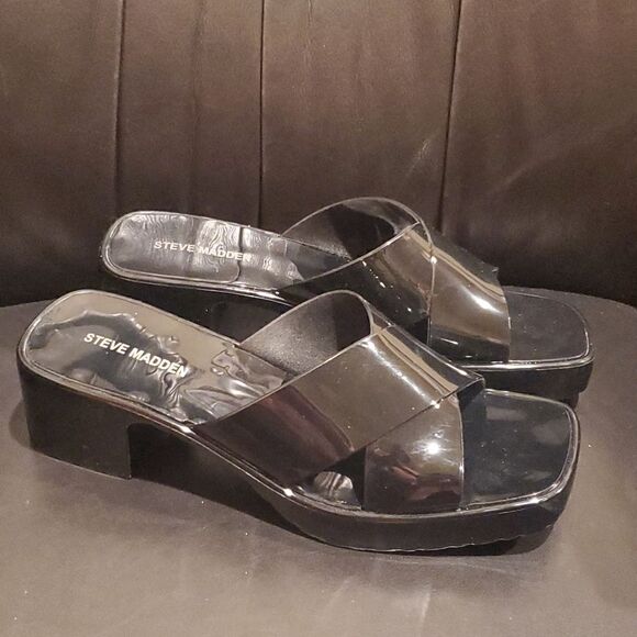 STEVE MADDEN Black Cross-Band Block Heel Jelly Sandals Shoes - Size 10 - Picture 1 of 7